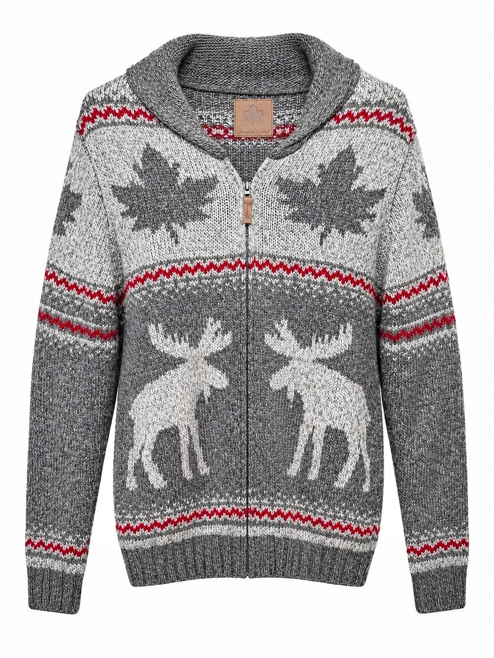 Canadiana Moose Maple Leaf Canada Full Zip Knit Cardigan Sweater M